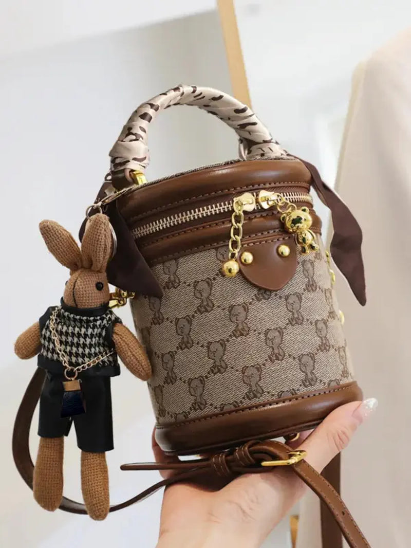 Women'S 2024 Summer Cute Bear Presbyopia Pattern Bucket Bag with Rabbit Charm, Trendy Vintage Crossbody Bag, Chic All-Match Shoulder Bag for Daily & Work Everyday Use