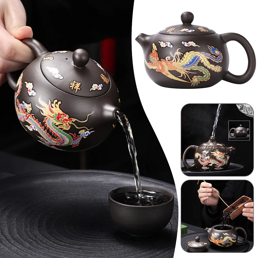 Tea Pot Hand-Made Dragons Phoenixs Color-Changing Purple Clay Teapot Reusable Practical Tea Pot Gift for Tea Lover Drink Puer