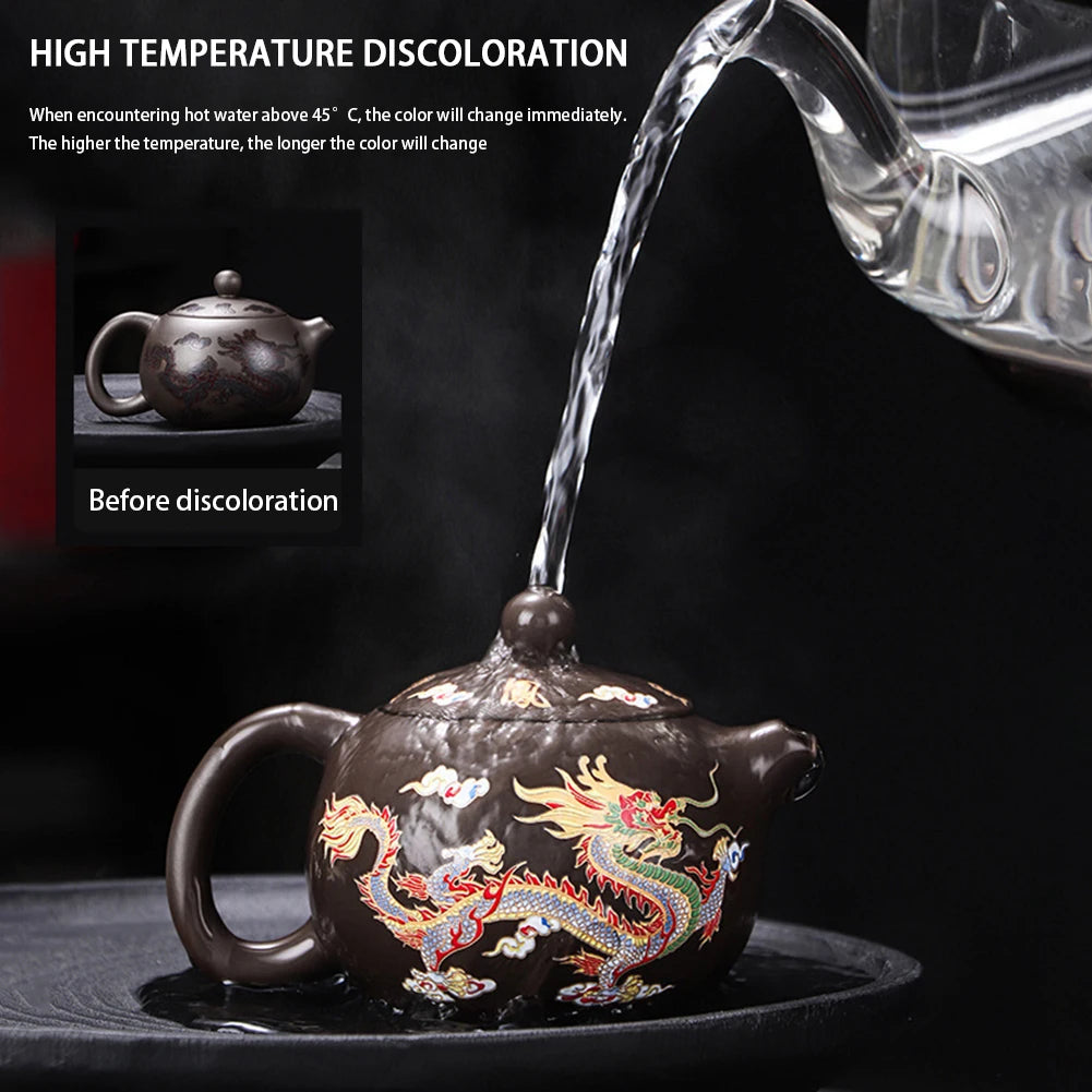 Tea Pot Hand-Made Dragons Phoenixs Color-Changing Purple Clay Teapot Reusable Practical Tea Pot Gift for Tea Lover Drink Puer